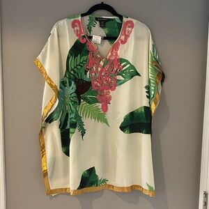 Ashley Stewart Cream Tunic with Green Tropical Leaf Print & Pink Embroidery